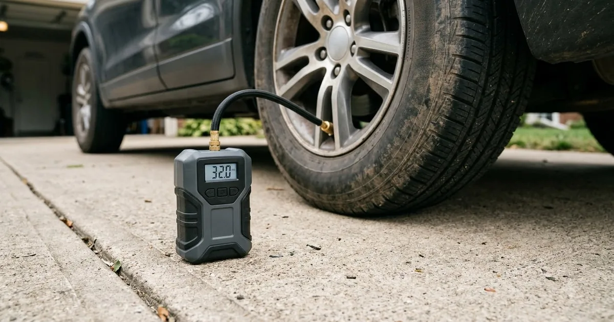 Illustration for a portable tire inflator inflating a car tire on a driveway, in warm evening light
