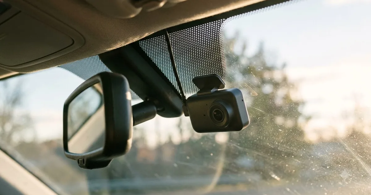 Illustration for a small dash cam mounted behind the rear view mirror on a car windshield, close up, in bright morning light