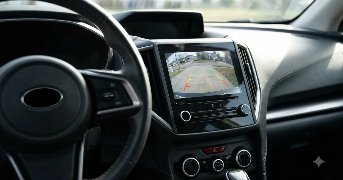 Illustration for a car dashboard monitor showing a rear view backup camera image, close up shot