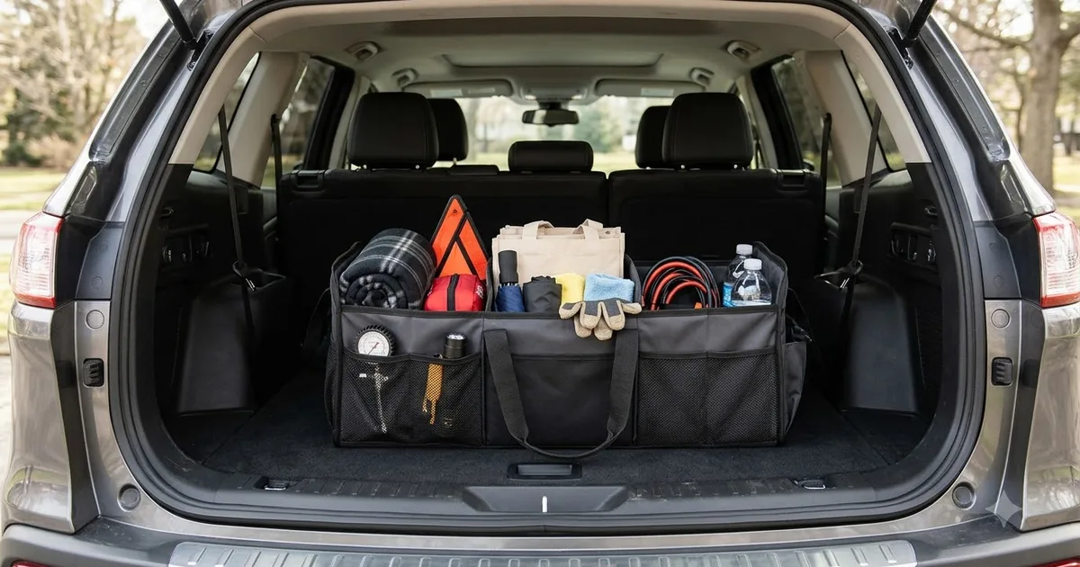 Illustration for an organizer in a car trunk holding neatly arranged items, close up shot