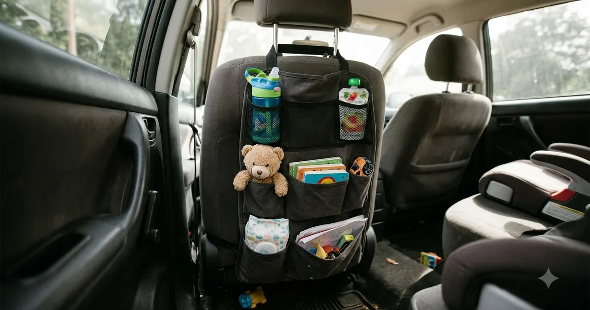 Illustration for a back seat organizer hanging behind a front car seat holding toys and bottles, wide shot
