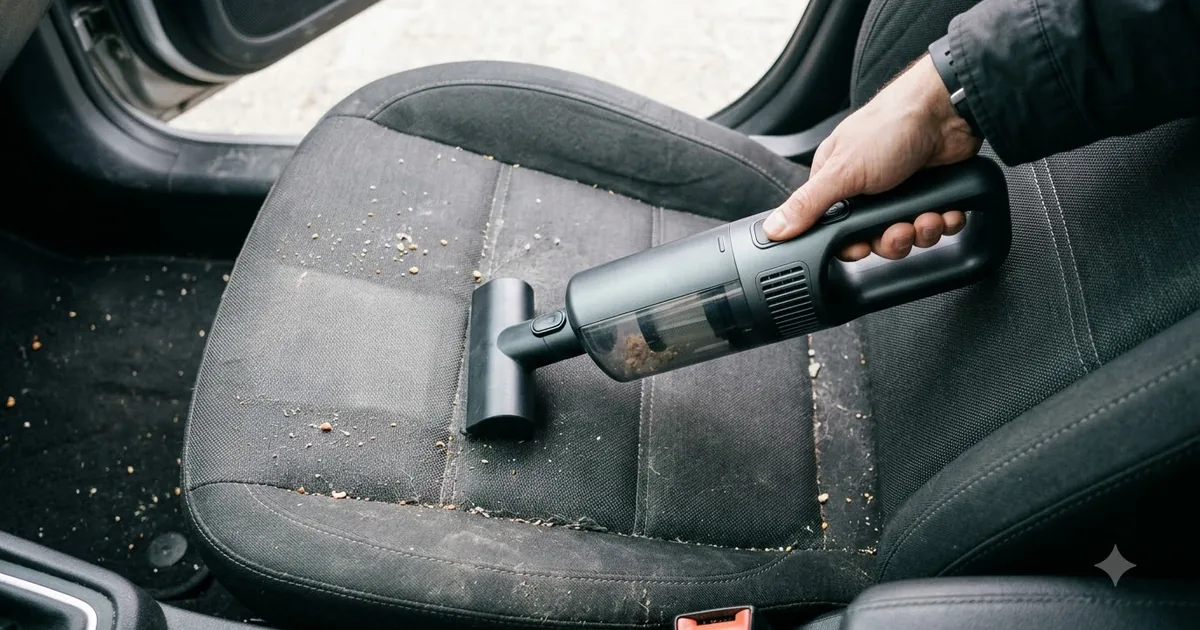 Illustration for a cordless handheld vacuum cleaning a car seat, in bright morning light