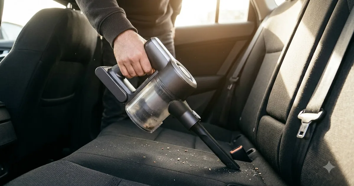 Illustration for a cordless handheld vacuum cleaning a car seat, top down view