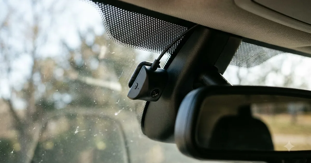 Illustration for a small dash cam mounted behind the rear view mirror on a car windshield, close up, from a low angle