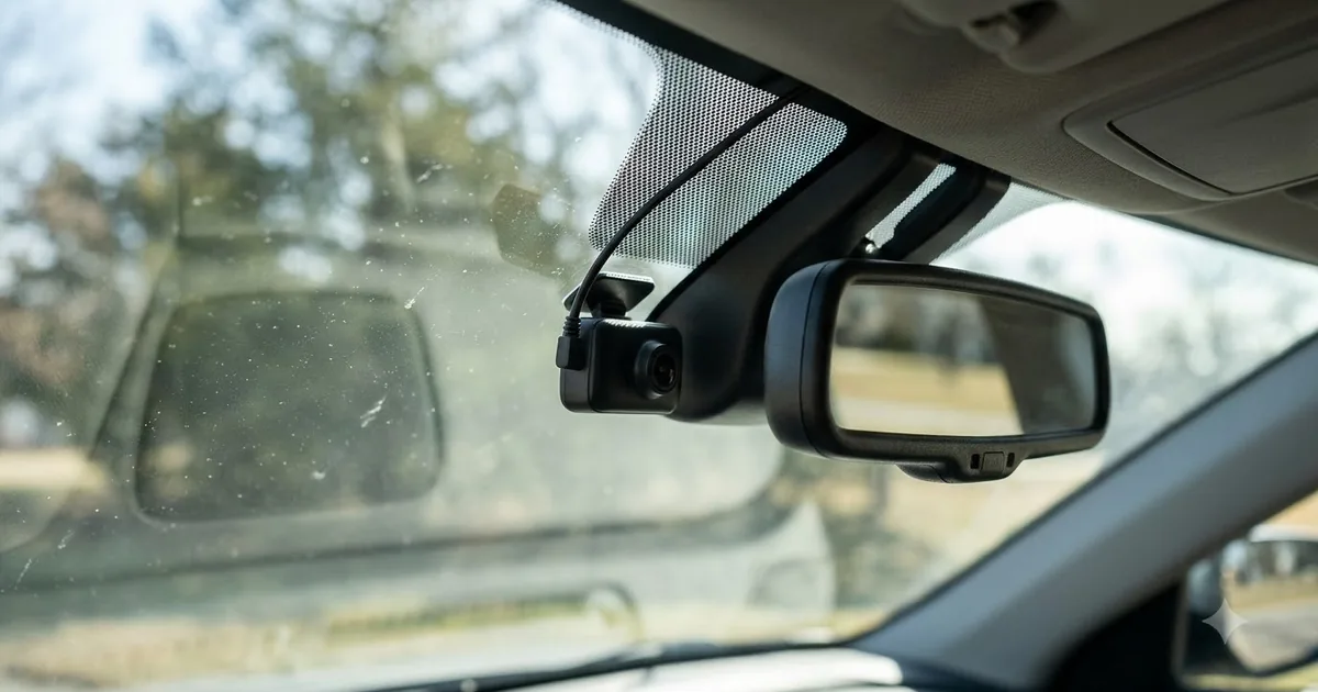 Illustration for a small dash cam mounted behind the rear view mirror on a car windshield, close up, wide shot