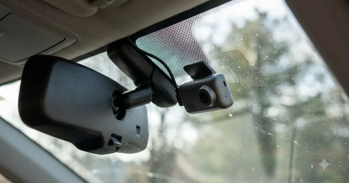 Illustration for a small dash cam mounted behind the rear view mirror on a car windshield, close up, in warm evening light