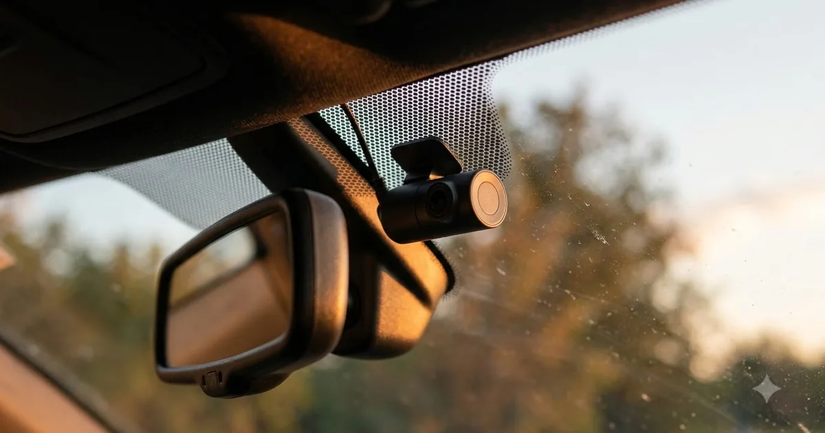 Illustration for a small dash cam mounted behind the rear view mirror on a car windshield, close up, top down view