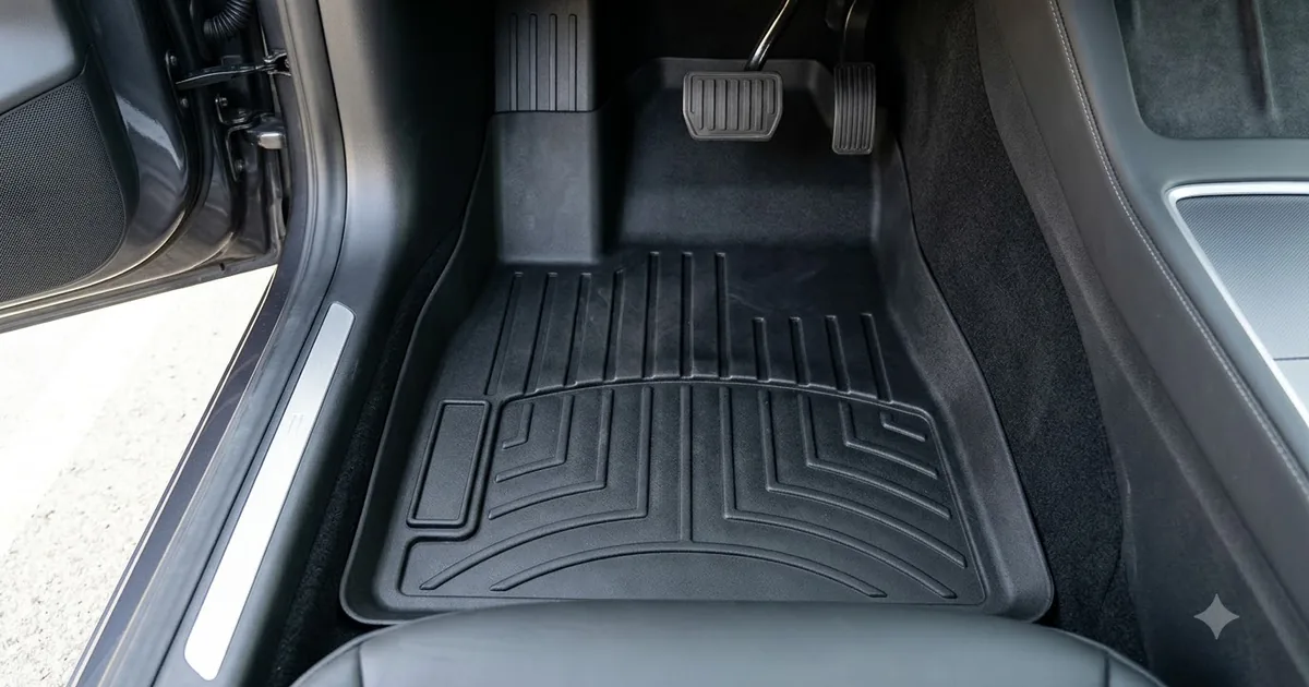 Illustration for black all weather floor mats in a clean car footwell, wide shot