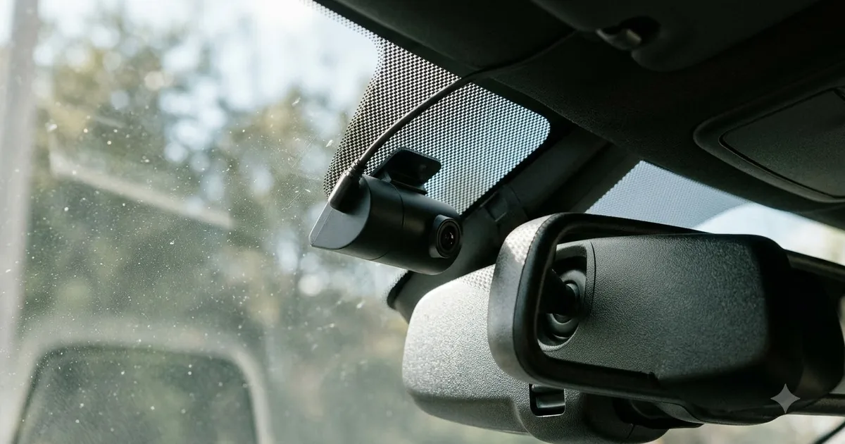 Illustration for a small dash cam mounted behind the rear view mirror on a car windshield, close up, in warm evening light