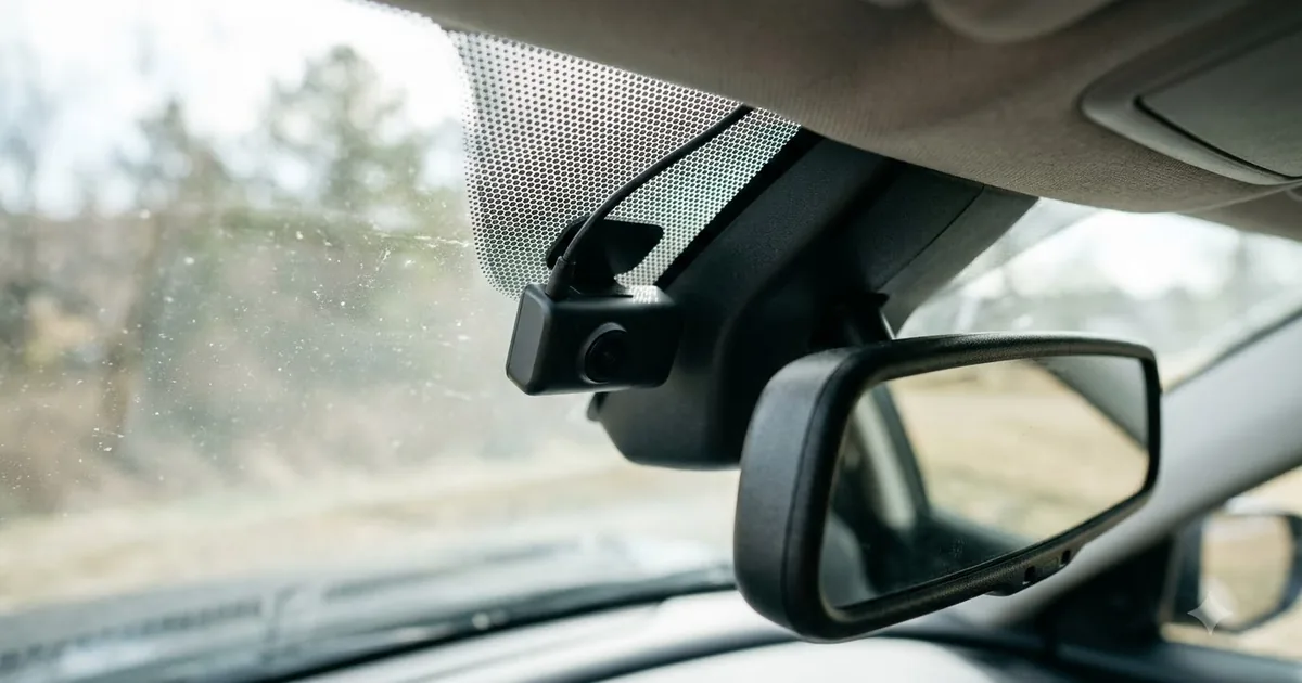 Illustration for a small dash cam mounted behind the rear view mirror on a car windshield, close up, close up shot