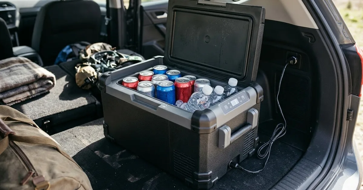 Illustration for a portable 12v car fridge in a car trunk with drinks, close up shot