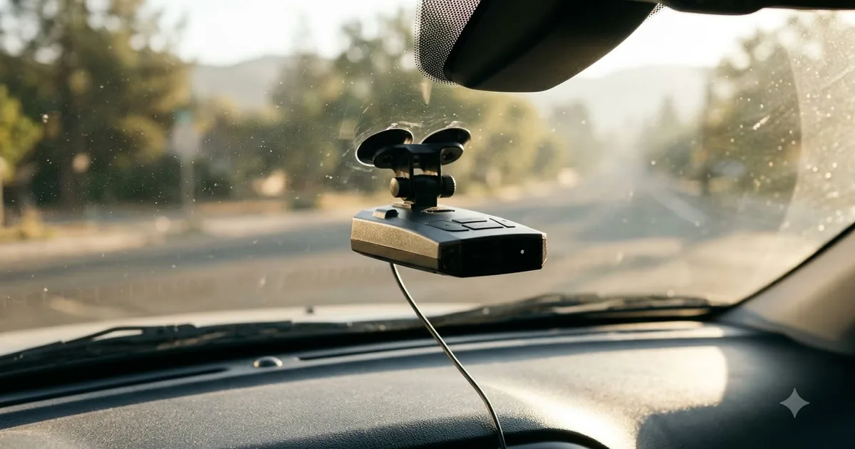 Illustration for a small radar detector mounted on a car windshield, in bright morning light