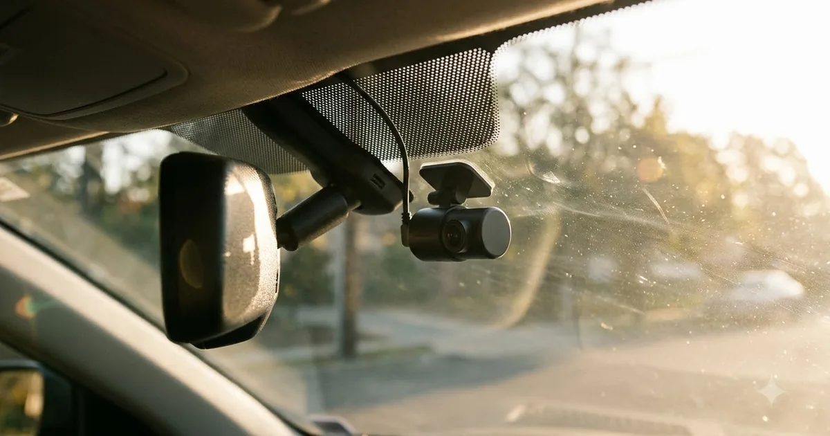 Illustration for a small dash cam mounted behind the rear view mirror on a car windshield, close up, from a low angle