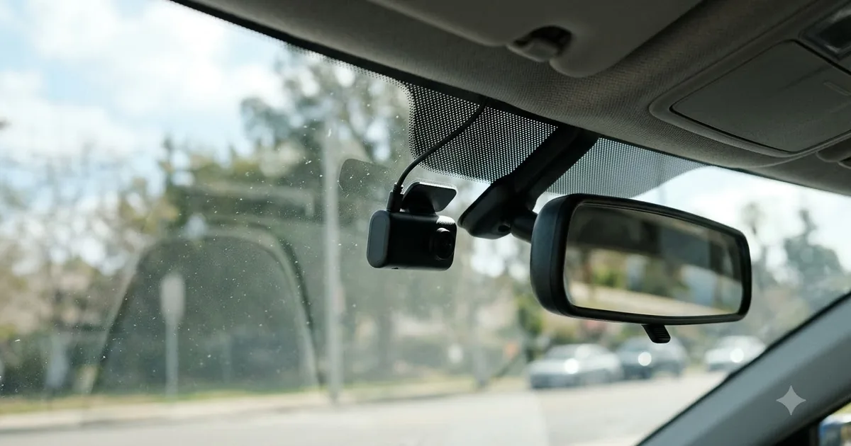 Illustration for a small dash cam mounted behind the rear view mirror on a car windshield, close up, top down view