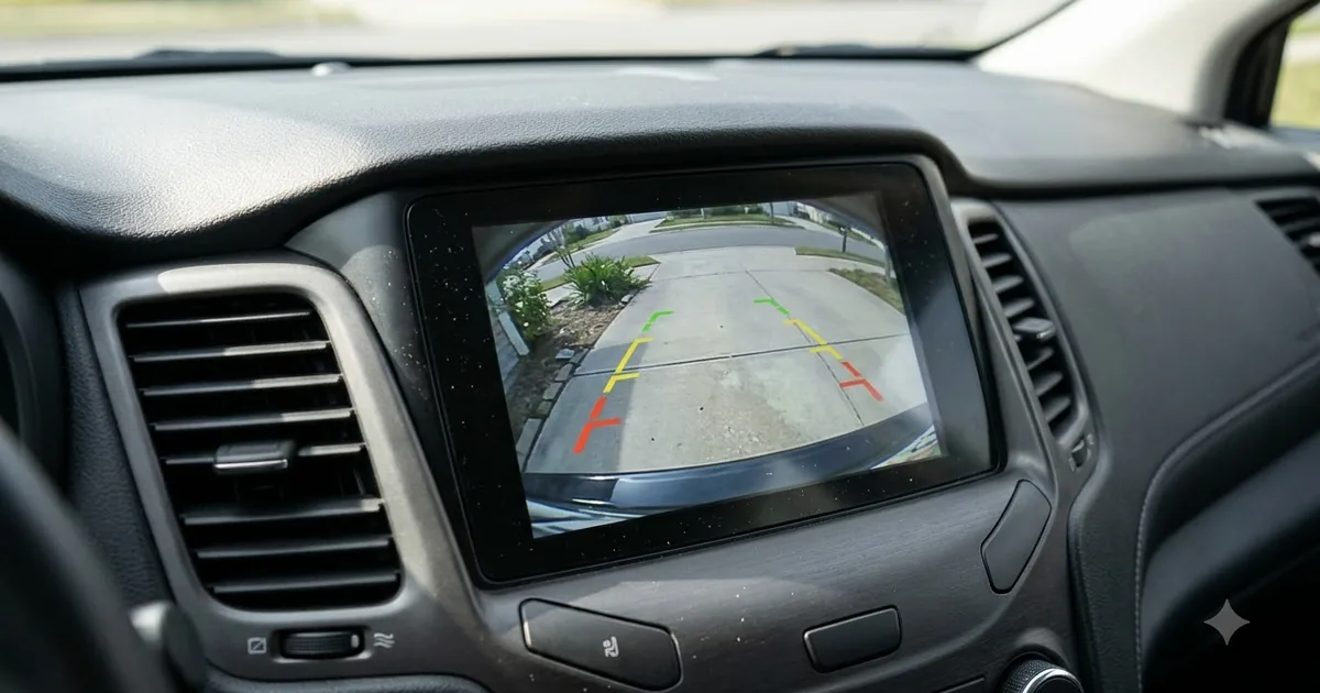 Illustration for a car dashboard monitor showing a rear view backup camera image, from a low angle