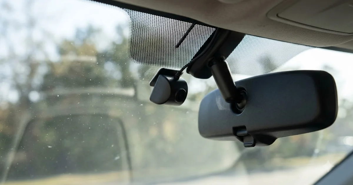 Illustration for a small dash cam mounted behind the rear view mirror on a car windshield, close up, in bright morning light
