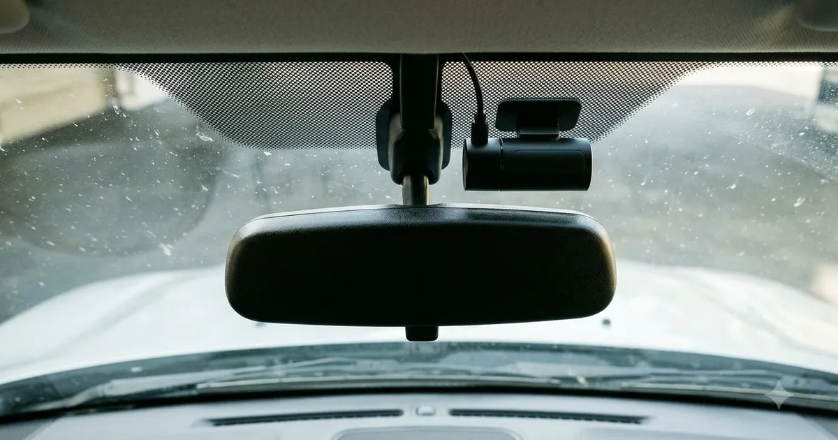 Illustration for a small dash cam mounted behind the rear view mirror on a car windshield, close up, wide shot