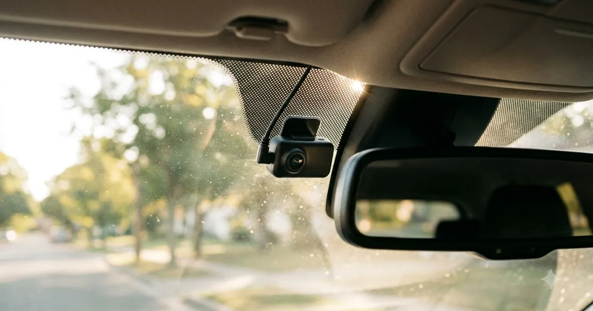 Illustration for a small dash cam mounted behind the rear view mirror on a car windshield, close up, close up shot